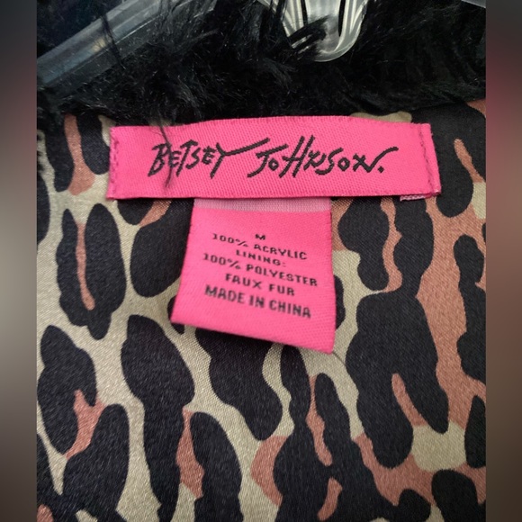 Betsy Johnson faux fur shaggy black vest with silk leopard print inside lining M - Picture 7 of 10
